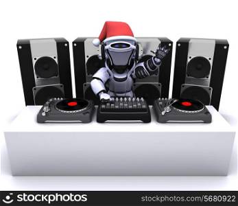 3D render of a Christmas Robot DJ mixing records on turntables