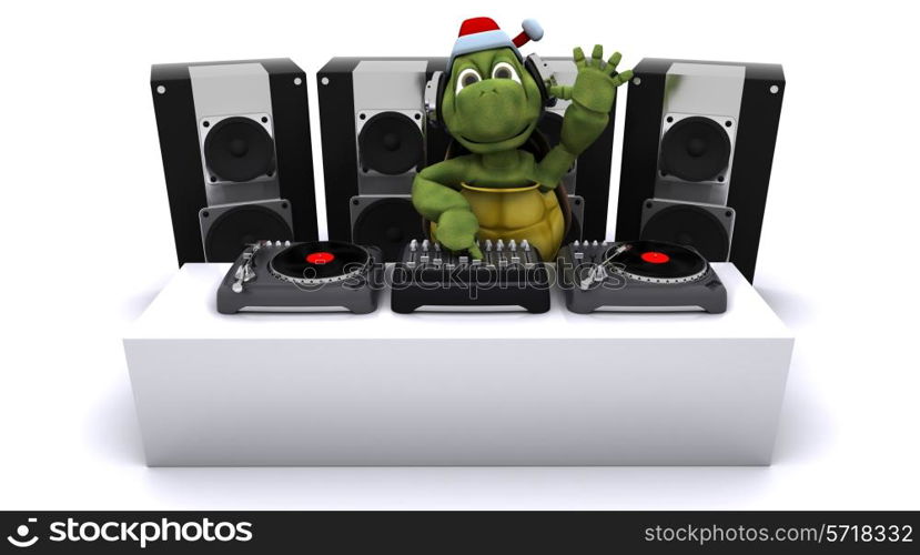 3D render of a Christmas tortoise DJ mixing records on turntables