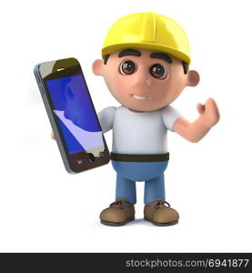 3d render of a construction worker holding a smartphone tablet device.