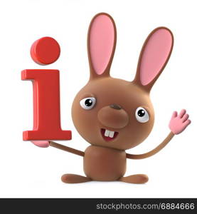 3d render of a cute and funny Easter bunny rabbit character holding an information symbol.