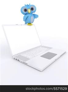 3D Render of a Cute Blue Bird Character with a laptop