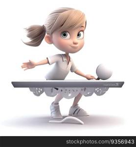 3d render of a cute cartoon girl playing tennis. Isolated white background.