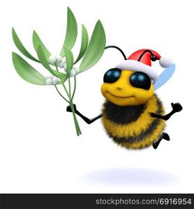 3d render of a cute honey bee dressed as Santa Claus holding some mistletoe