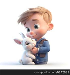 3D Render of a Cute Little Boy with a White Rabbit