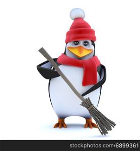 3d render of a cute penguin wearing winter wool hat and scarf, sweeping up with his new broom