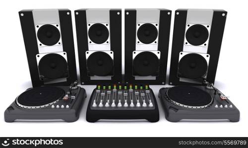 3d render of a DJ mixing desk turntables and speakers