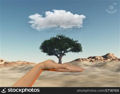 3D render of a female hand holding a tree under a rainy cloud against a desert background