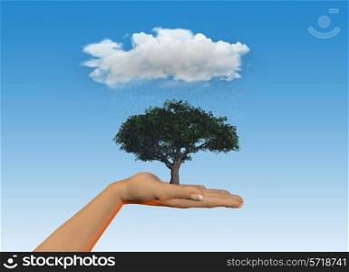 3D render of a female hand holding a tree under a rainy cloud