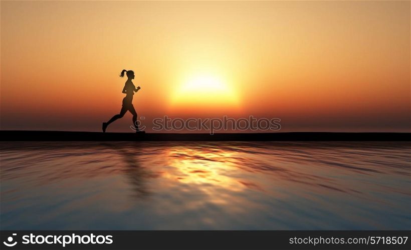 3D render of a female jogging against a sunset over an ocean