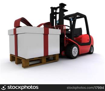 3D Render of a Forklift truck with christmas gift box