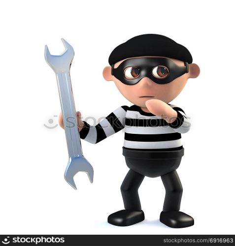 3d render of a funny burglar character holding a spanner
