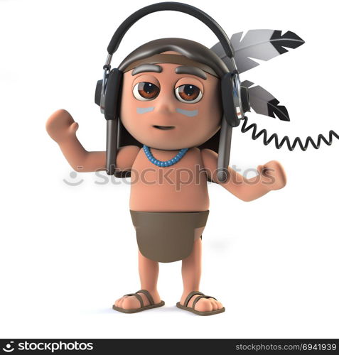 3d render of a funny cartoon Native American Indian character wearing a pair of heaphones to listen to music.