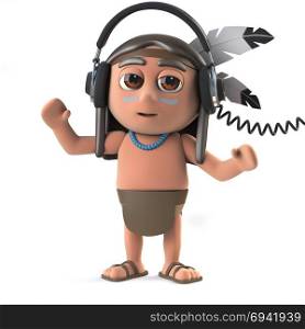 3d render of a funny cartoon Native American Indian character wearing a pair of heaphones to listen to music.