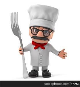3d render of a funny cartoon old Italian chef character holding a fork