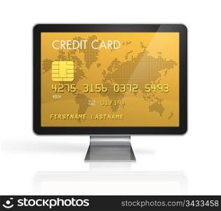 3D render of a gold credit card on a computer screen- isolated on white with 2 clipping paths : one for global scene and one for the screen. gold credit card on a computer screen