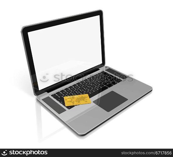 3D render of a gold credit card on a laptop - isolated on white with clipping path.. gold credit card on laptop