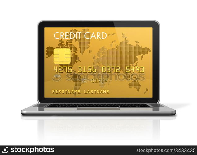 3D render of a gold credit card on a laptop screen- isolated on white with 2 clipping paths : one for global scene and one for the screen. gold credit card on a laptop screen
