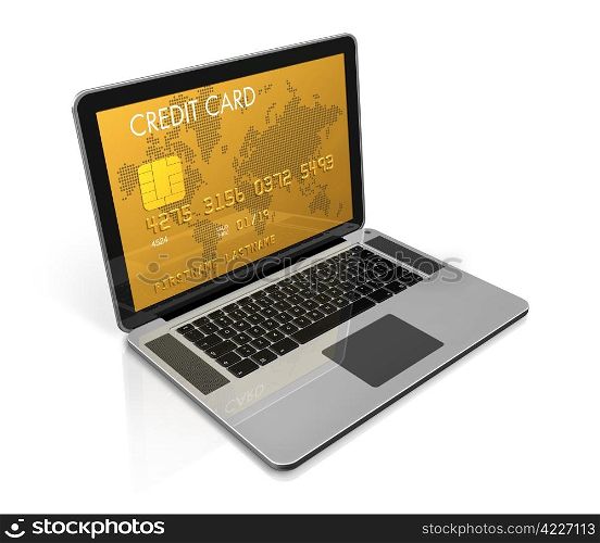 3D render of a gold credit card on a laptop screen- isolated on white with clipping path. gold credit card on a laptop screen
