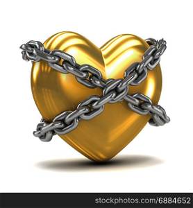 3d render of a gold heart wrapped in chains