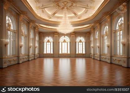 3d render of a golden luxury palace interior decorated with white marble and golden decor created by generative AI