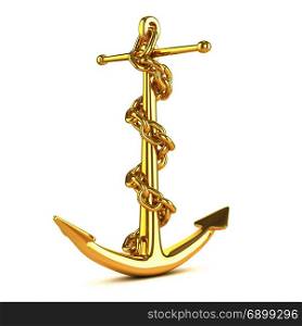 3d render of a golden ships anchor wrapped in chain