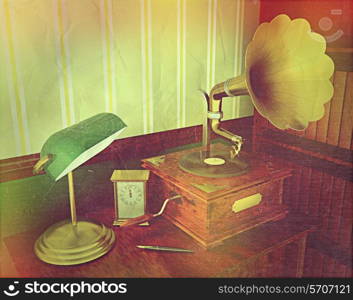 3D render of a gramophone in old style room with a vintage retro effect