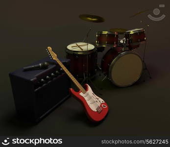 3d render of a guitar amplifier and drum kit