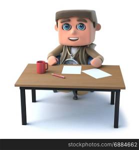 3d render of a kid explorer sitting at a desk.