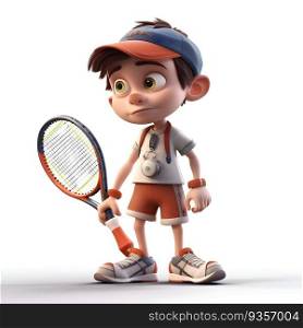 3D Render of a Little Boy with Tennis Racket and Ball