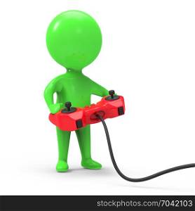 3d render of a little green person playing a video game