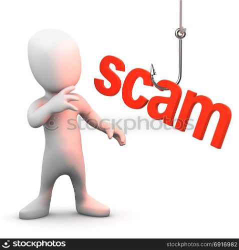 "3d render of a little man with the word "Scam" dangling by a fish hook"