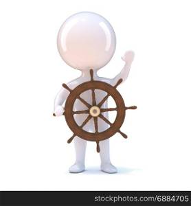 3d render of a little person at a ships wheel