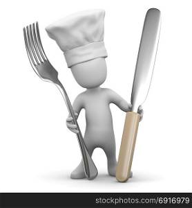 3d render of a little person dressed as chef holding a knife and fork