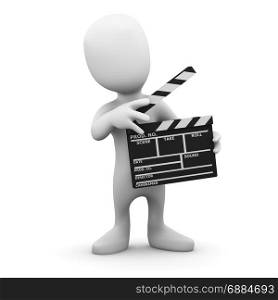 3d render of a little person holding a clapperboard