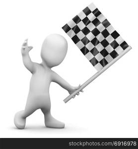 3d render of a little person waving the checkered flag