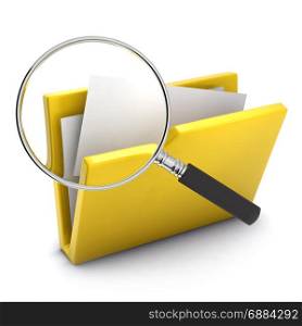 3d render of a magnifying glass looking at a yellow folder