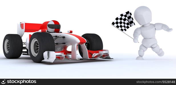 3D render of a Man in Race car winning at chequered flag