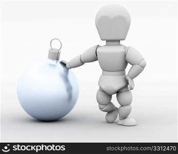 3D render of a man leaning on Christmas Decorations isolated on white