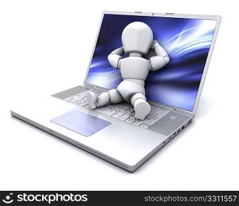 3D render of a man lying on a laptop