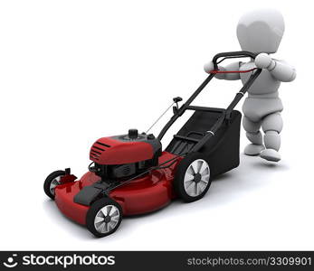 3D render of a man mowing the lawn