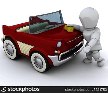 3D render of a man washing a car
