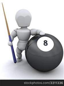 3D render of a man with 8 ball and pool cue