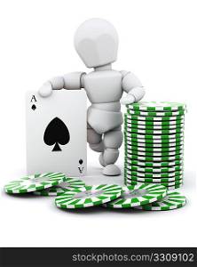 3d render of a man with casino chips and playing cards