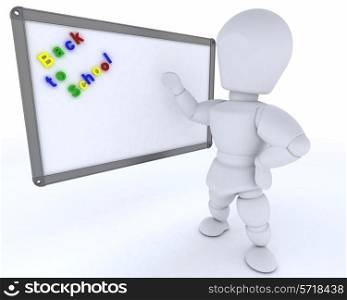 3D render of a man with White class room drywipe marker board