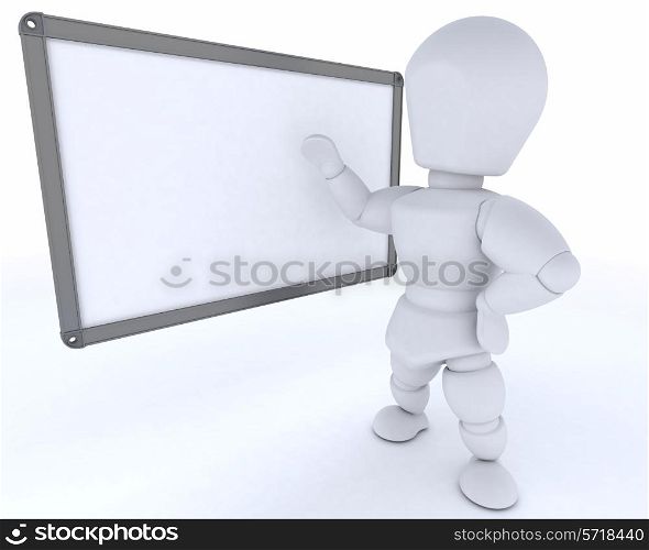3D render of a man with White class room drywipe marker board