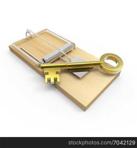 3d render of a mousetrap with a gold key