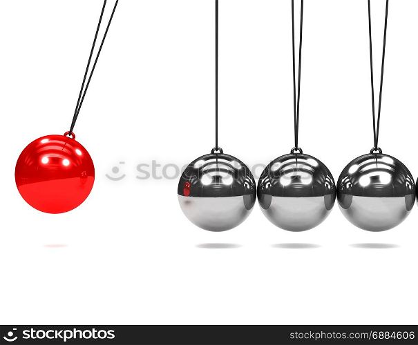 3d render of a Newtons Cradle with one red ball in motion