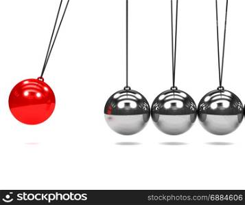 3d render of a Newtons Cradle with one red ball in motion