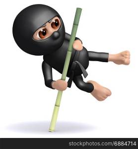 3d render of a ninja leaping using a bamboo pole