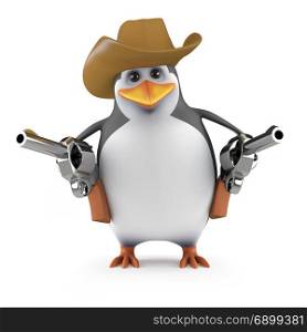 3d render of a penguin cowboy drawing his pistols